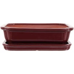 Bonsaischale Mit Untersetzer 26.5x21x7.5cm Weinrot Rechteckig Glasiert