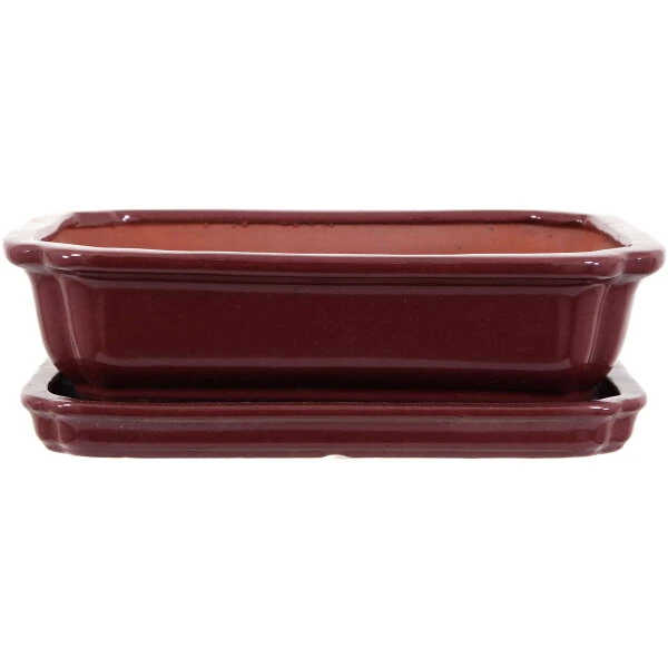 Bonsaischale Mit Untersetzer 26.5x21x7.5cm Weinrot Rechteckig Glasiert
